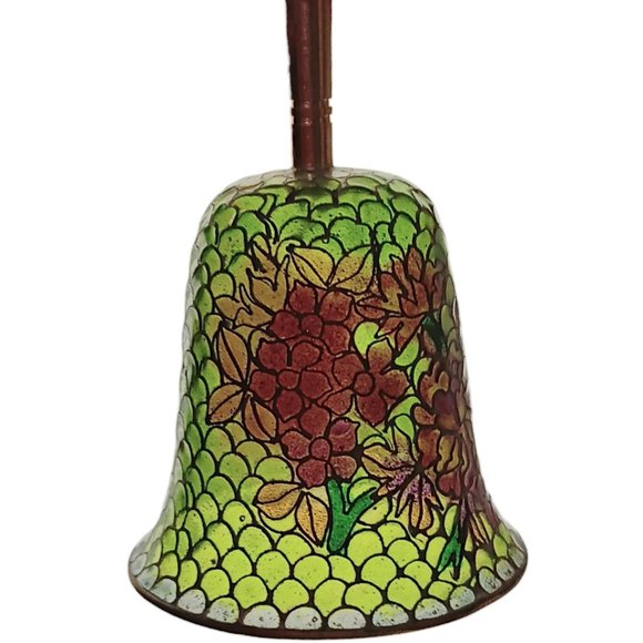 Plique-à-Jour Green Glass Bell Red Flowers Translucent Cloisonne Style - Picture 10 of 11